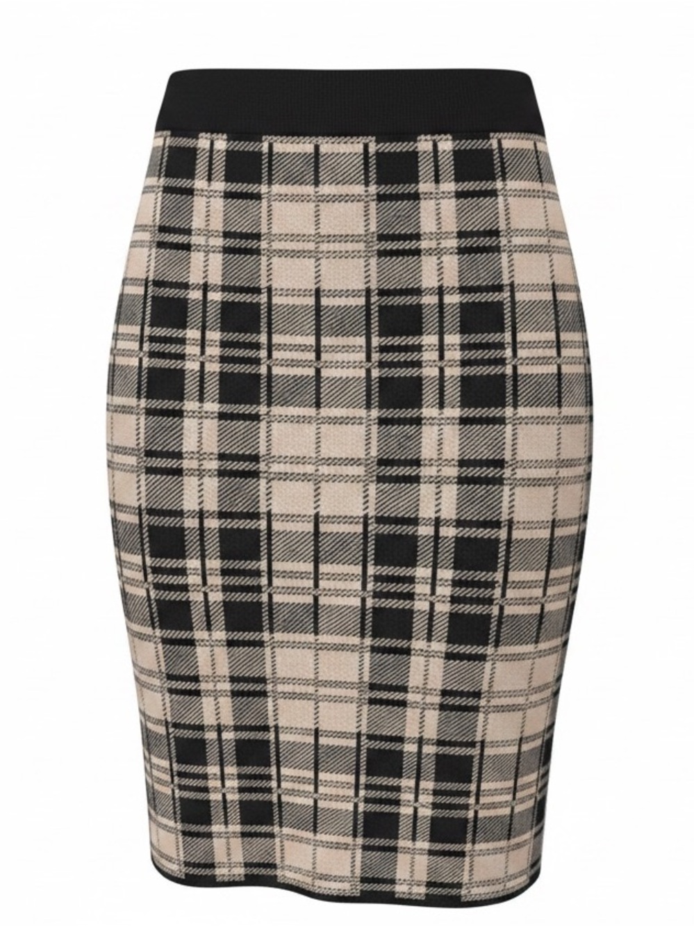 Vince Camuto black tan plaid knit pencil skirt size M